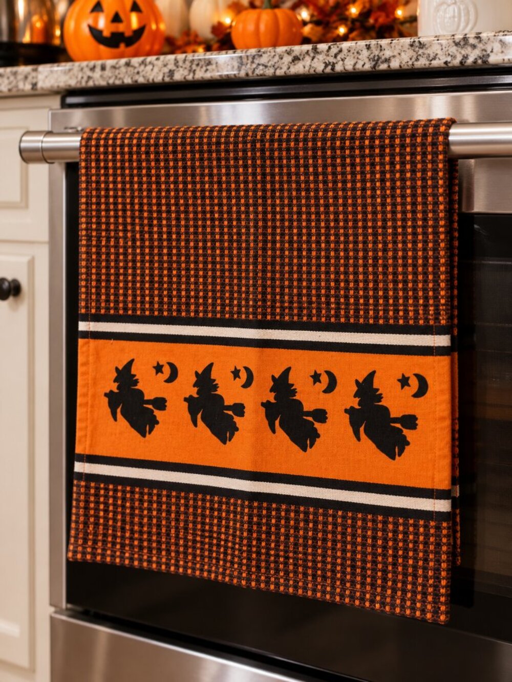 Vintage Halloween Dish Tea Towel Cotton 29" x 18.5" Witch Moon Black Orange